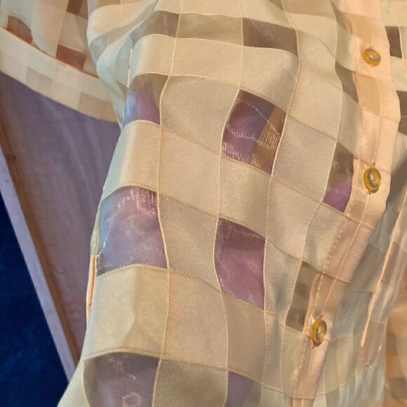 Ashro Duster Blouse sheer contrast gridded pockets button down Top Yellow size M - Picture 4 of 12